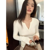 修身 pusumede T恤女内搭打底针织衫 黑色v领长袖 显瘦上衣 周末之约