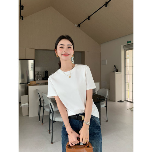 pusumede 经典简约 基础圆领短袖T恤女纯棉百搭休闲正肩针织上衣
