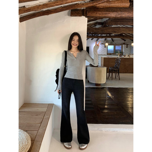 pusumede加绒修身微喇牛仔裤