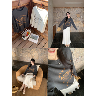 T恤女休闲圆领宽松大版 复古字母印花长袖 上衣 慵懒周末 pusumede