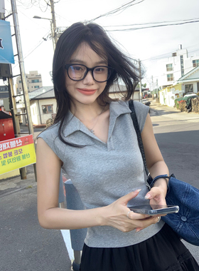 pusumede 「显瘦buff」翻领短袖T恤女夏季短款修身小飞袖针织上衣