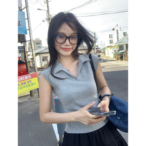 pusumede 「显瘦buff」翻领短袖T恤女夏季短款修身小飞袖针织上衣