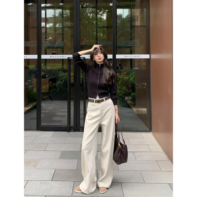 pusumede 强调在线 高腰阔腿牛仔裤女宽松通勤磨毛直筒拖地长裤