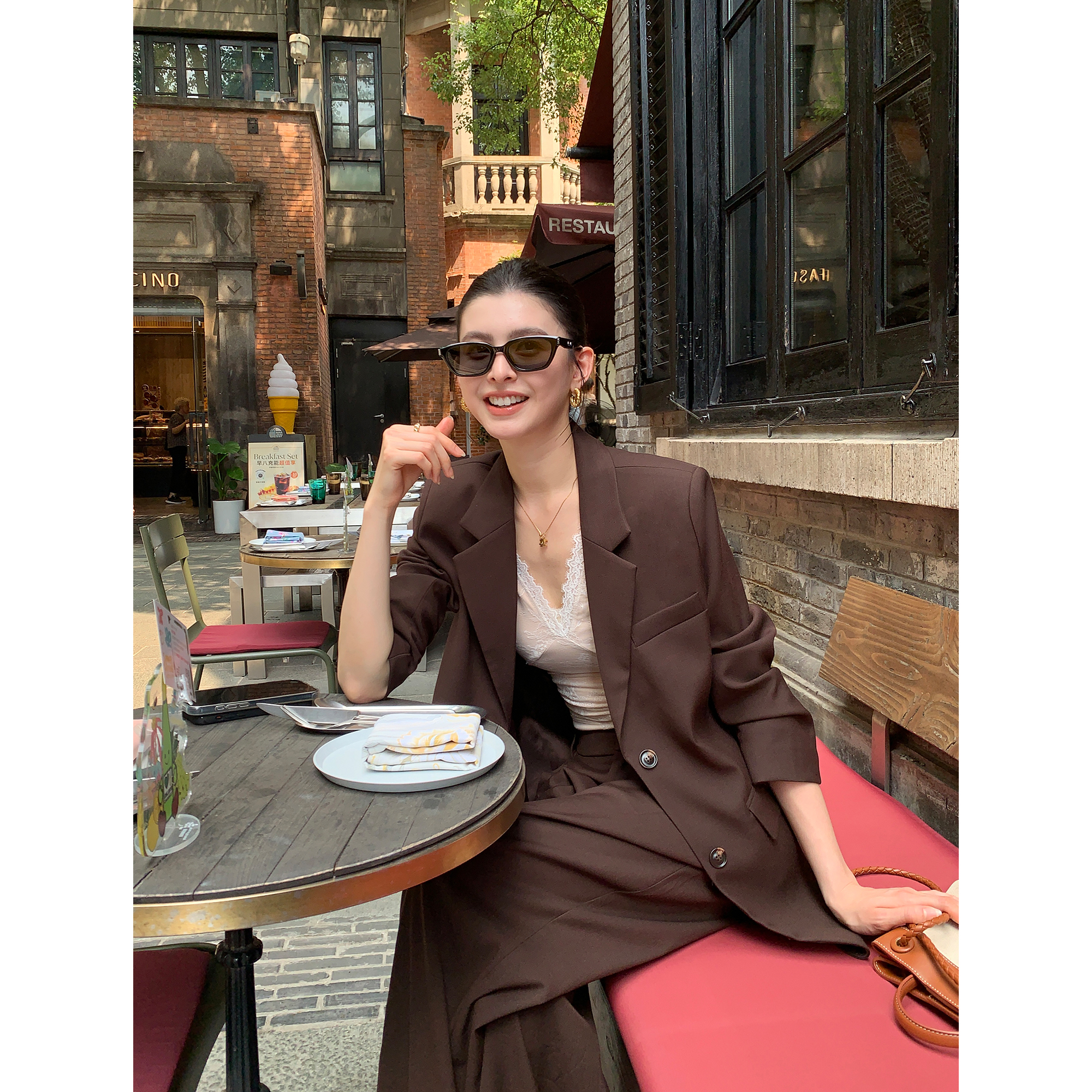 pusumede 职场图鉴 经典黑色翻领西装外套女垂感阔腿休闲西裤套装