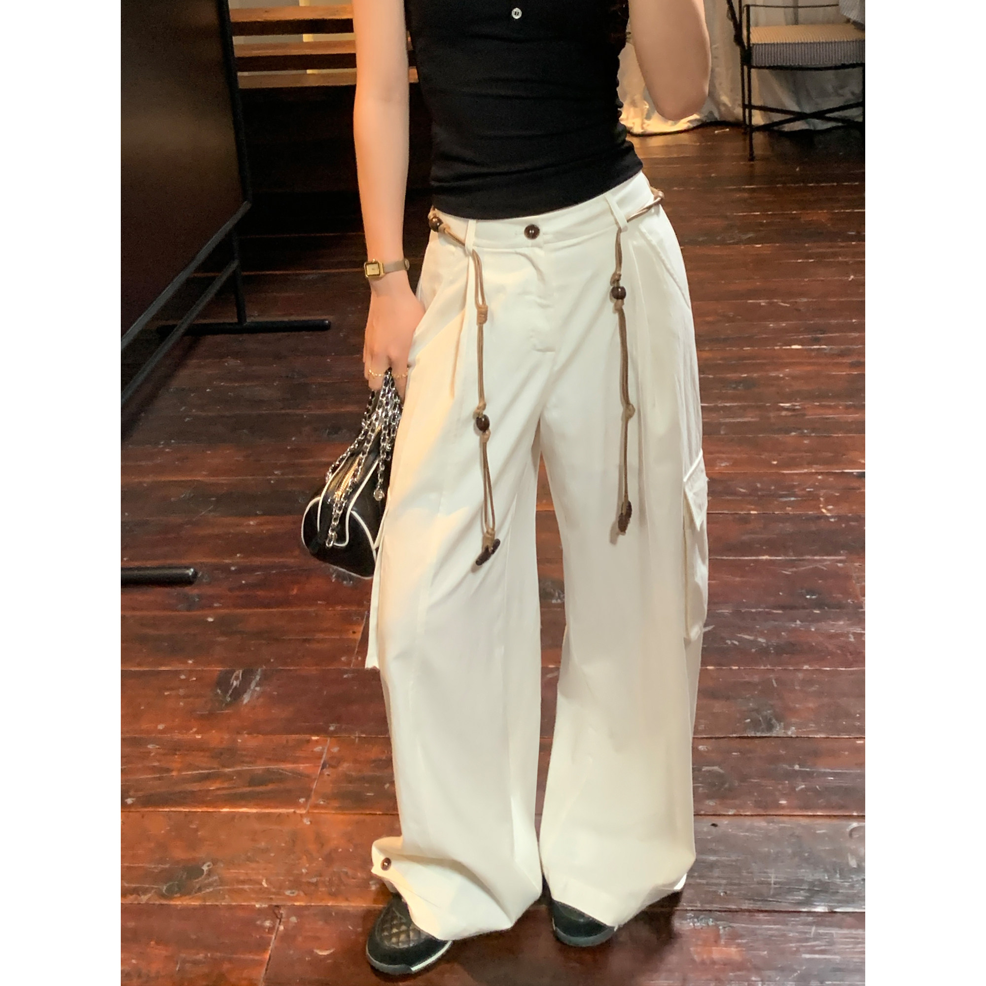 pusumede 编织腰绳 高腰多口袋工装裤女杏色宽松阔腿休闲直筒长裤