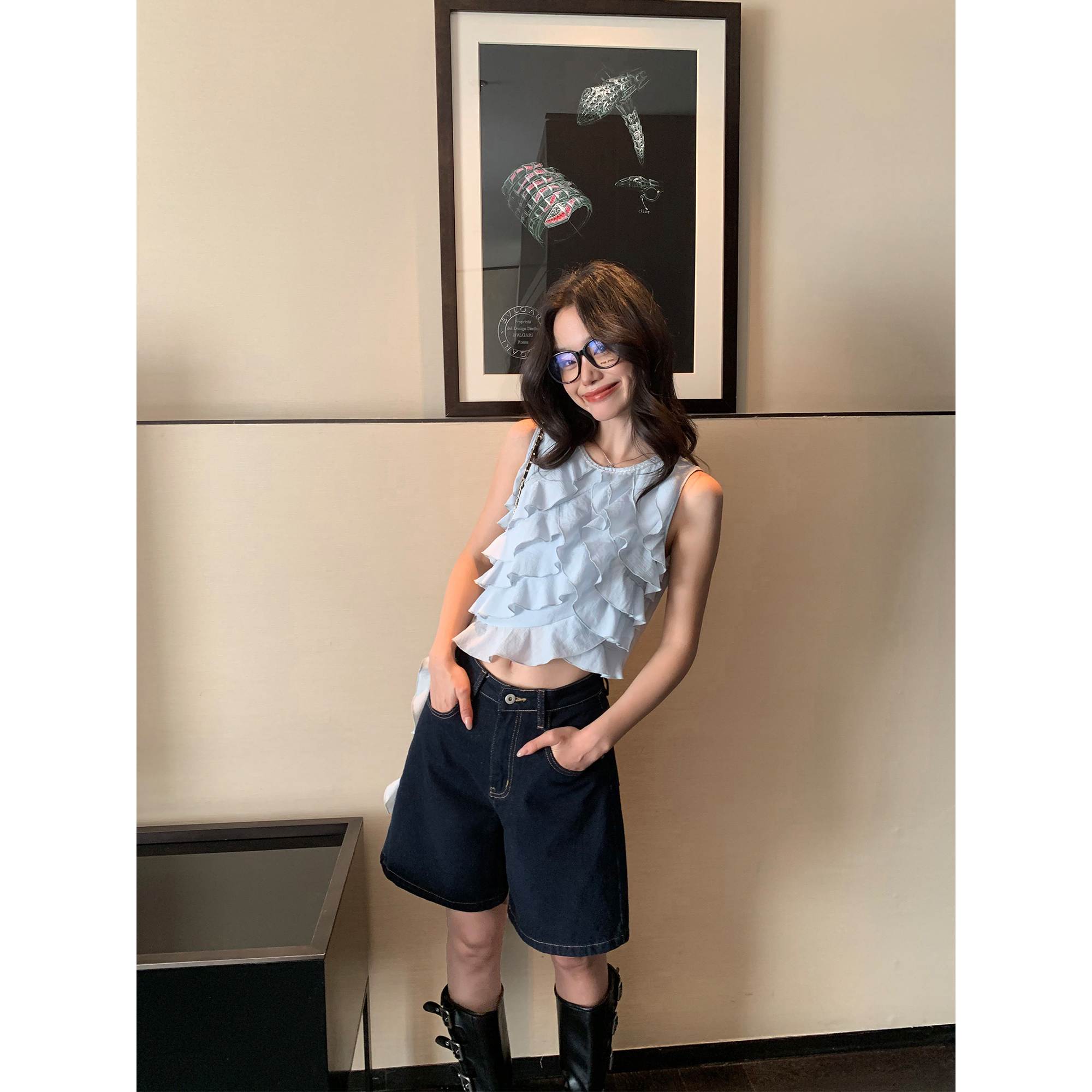 pusumede 随性不设限 原色牛仔裤女宽松中裤直筒阔腿裤休闲五分裤