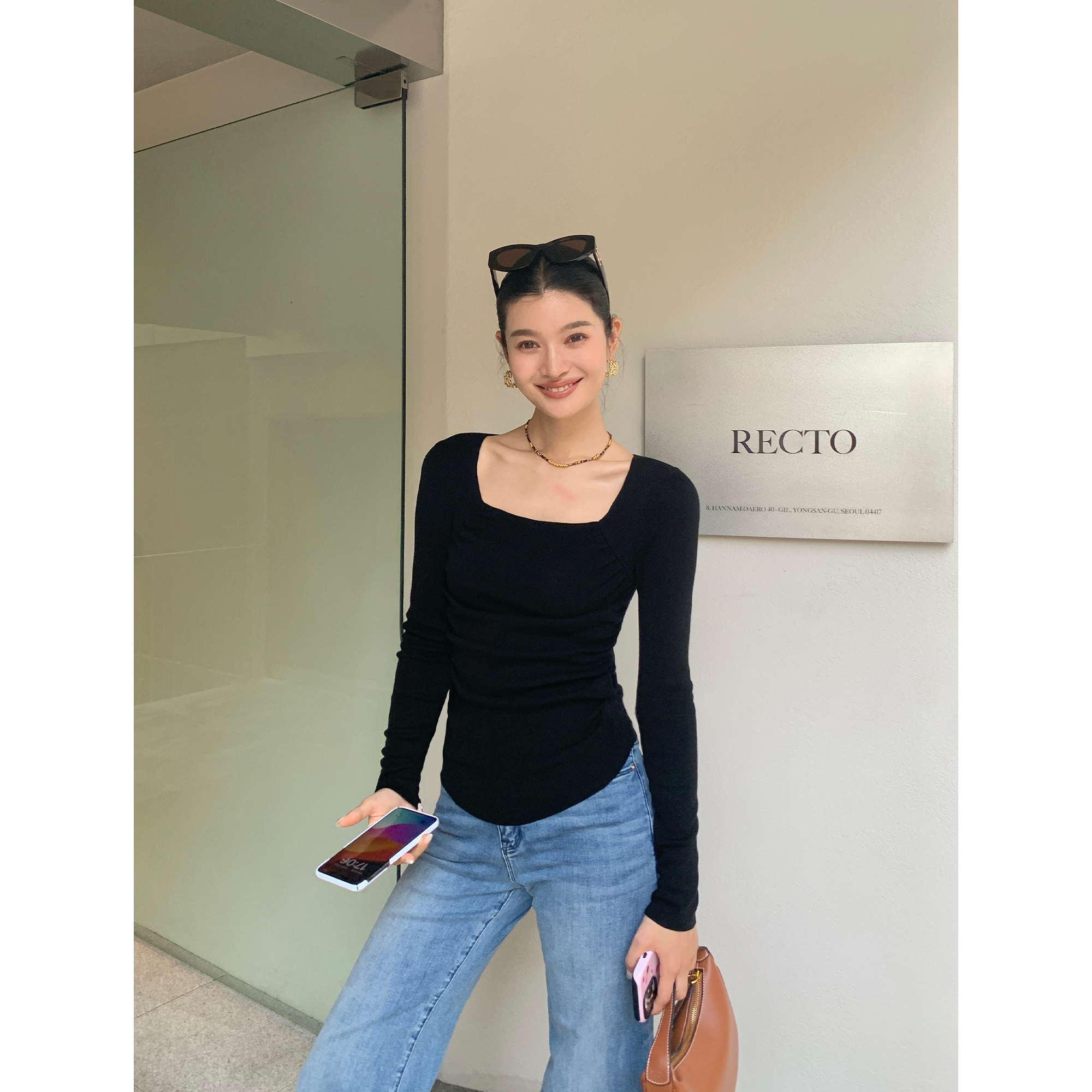 pusumede 京洛佳人 天丝羊毛方领针织衫女气质修身收褶长袖上衣