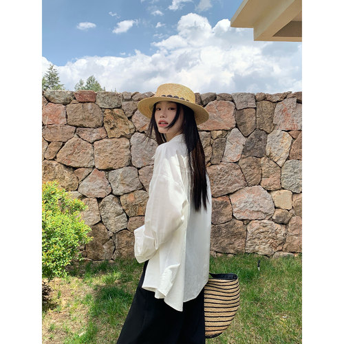 pusumede 浅蓝色长袖棉麻衬衫女外搭防晒开衫高级感衬衣韩版上衣