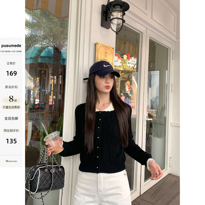 长袖娃娃领麻花毛衣女短款针织衫