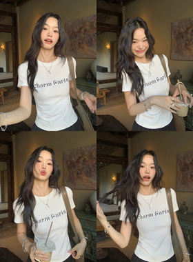 pusumede 舱级神T 圆领短袖T恤女夏季基础款字母印花针织正肩上衣