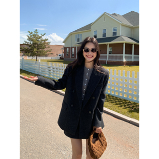 pusumede北欧假期西装 外套女双排扣高阶质感西服毛呢半身裙两件套