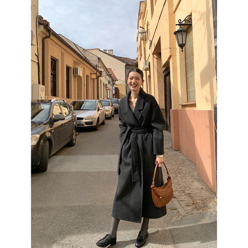 黑色100%羊毛大衣双面呢毛呢外套