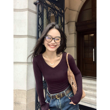 pusumede 白色V领针织长袖T恤女秋季内搭基础款气质百搭短款上衣