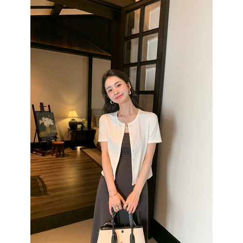 pusumede 弹力针织短袖T恤女夏季修身开衫休闲气质外搭短款上衣