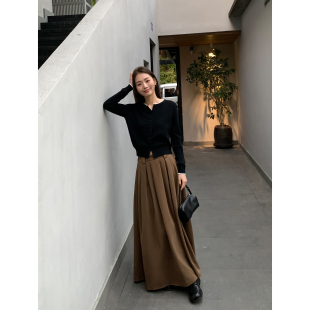 pusumede【现货6折】黑色毛呢半身裙女休闲高腰a字裙气质百搭裙子
