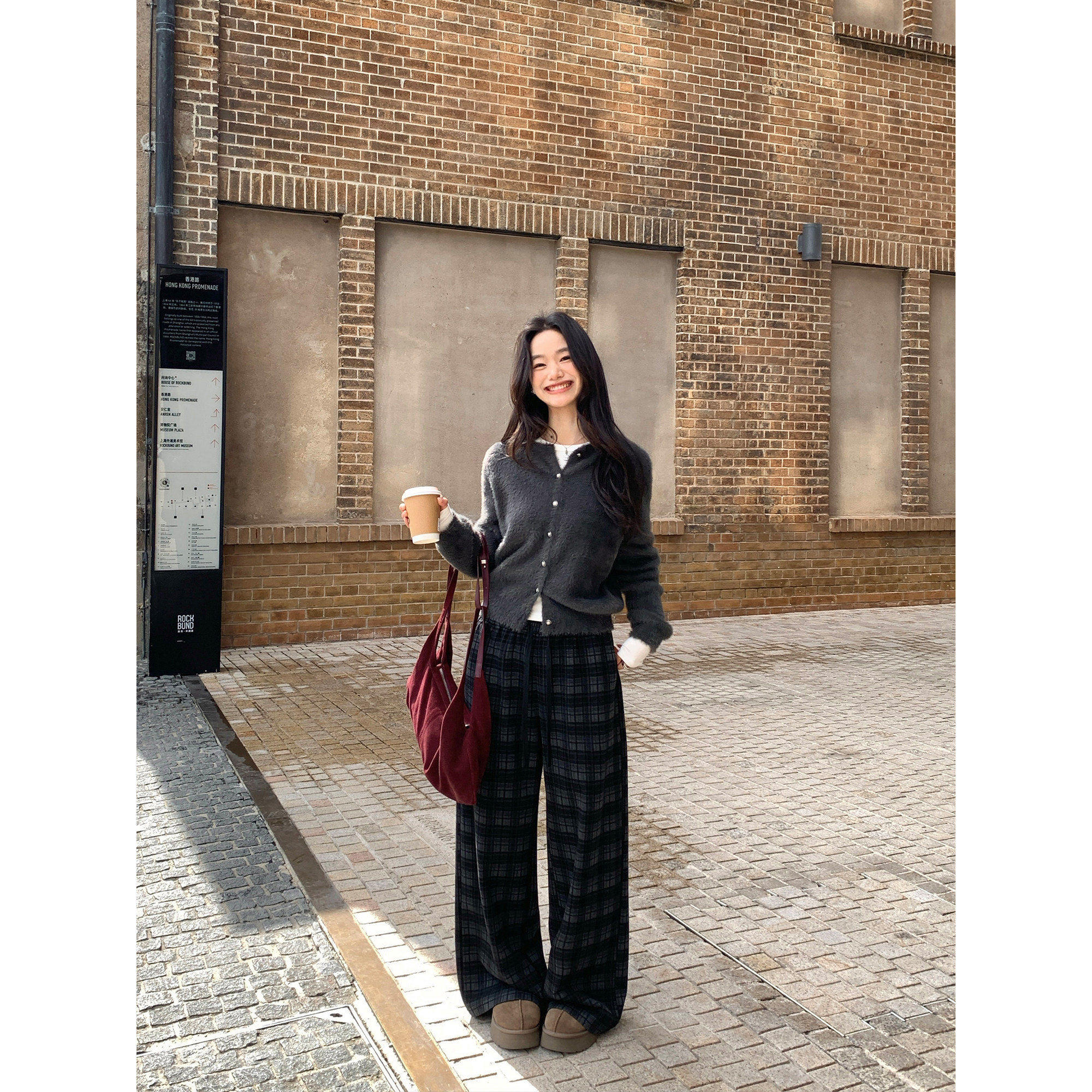 pusumede 松烟灰茶 经典黑灰格子休闲裤女秋冬高腰宽松抽绳阔腿裤,女装/女士精品,休闲裤,淘宝优惠券,粉丝福利购,淘宝优惠卷