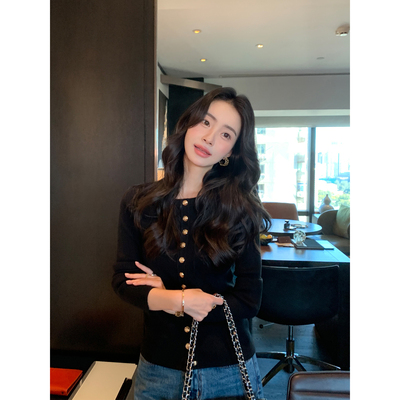 高智气韵黑色长袖针织开衫上衣