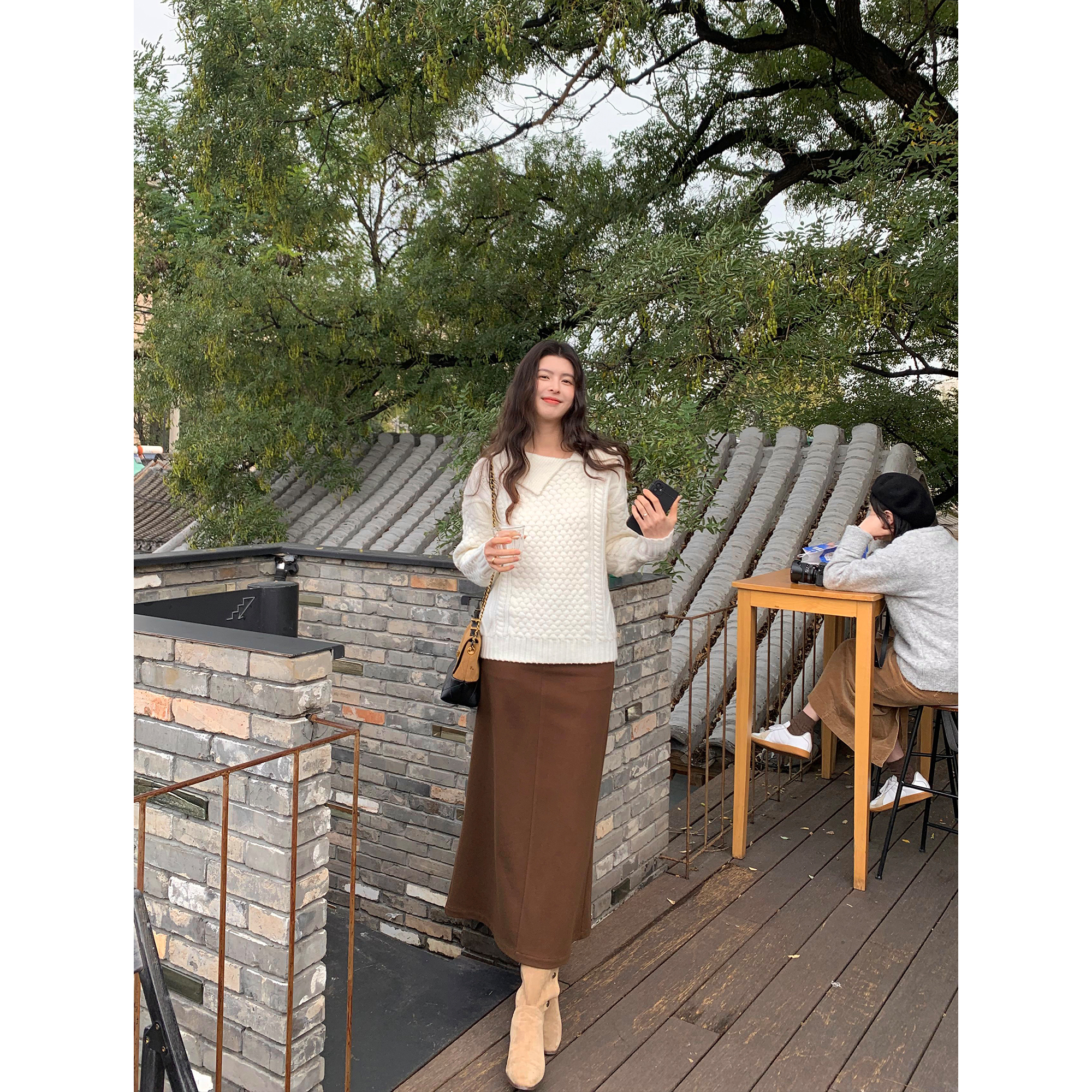 老钱松弛咖色直筒半身裙A字裙