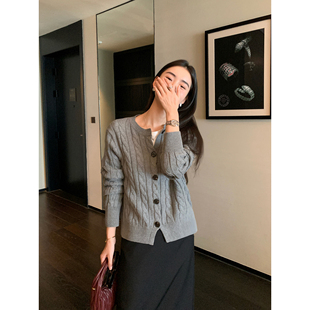 pusumede 悉尼画舫 复古麻花毛衣开衫女气质短款长袖圆领针织外套