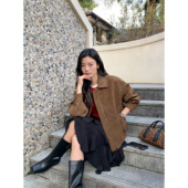 pusumede 现货7折 翻领皮衣外套女秋冬夹棉加厚拉链夹克上衣