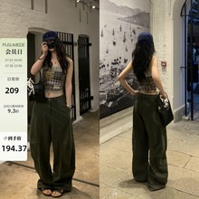 pusumede 设计感工装阔腿牛仔裤女复古镰刀裤宽松休闲拖地弯刀裤