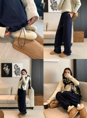 pusumede抽绳束脚两穿针织运动卫裤女加绒直筒休闲裤宽松阔腿长裤