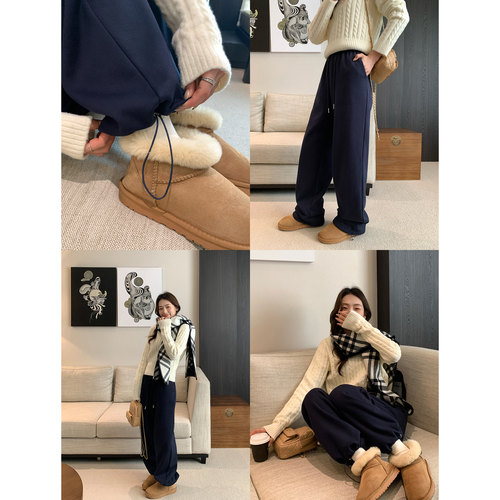 针织运动卫裤女抽绳加绒阔腿长裤