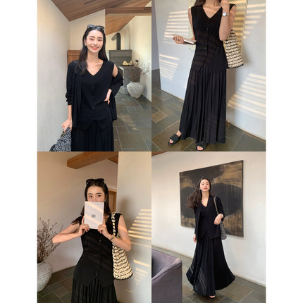 pusumede 黑色v领针织开衫外套女早春新款宽松慵懒风毛衣休闲上衣