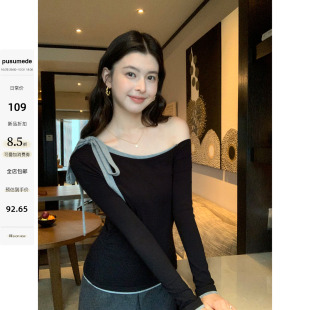 女气质修身 系带设计感斜肩针织衫 露肩T恤上衣 贝妮时报 pusumede