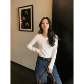 pusumede t恤上衣 女基础内搭长袖 松弛感天菜 白色圆领针织打底衫