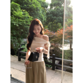 法式 pusumede独特漂亮蝴蝶结绑带露肩别致t恤女夏季 修身 斜肩上衣