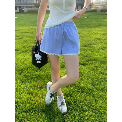 pusumede蕾丝花边拼接休闲短裤女松紧腰条纹裤宽松阔腿设计感裤子