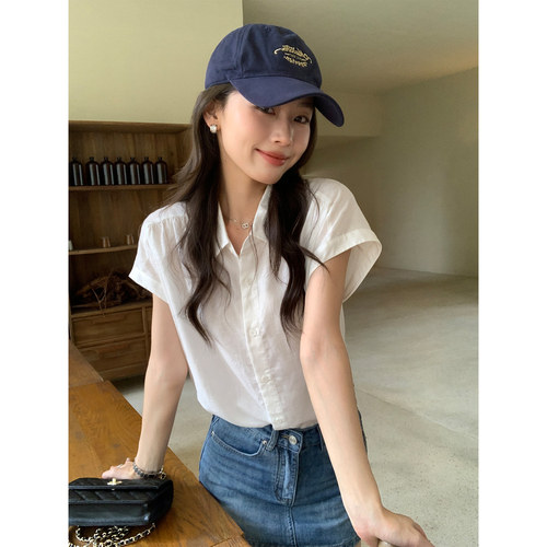 pusumede 莱赛尔亚麻连袖衬衫女气质短袖衬衣松弛感小飞袖上衣