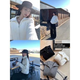 pusumede 深冬暖搭 黑色大翻领针织开衫女秋冬慵懒风拉链毛衣外套