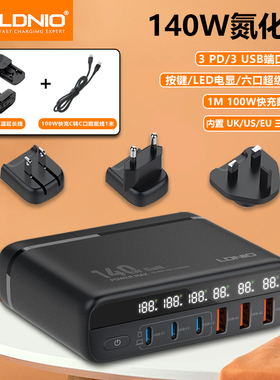 LDNIO140W氮化镓充电器智能数显英规pd快充头多功能充电站多口usb充电头旅行充电适用iPhone17平板笔记本电脑