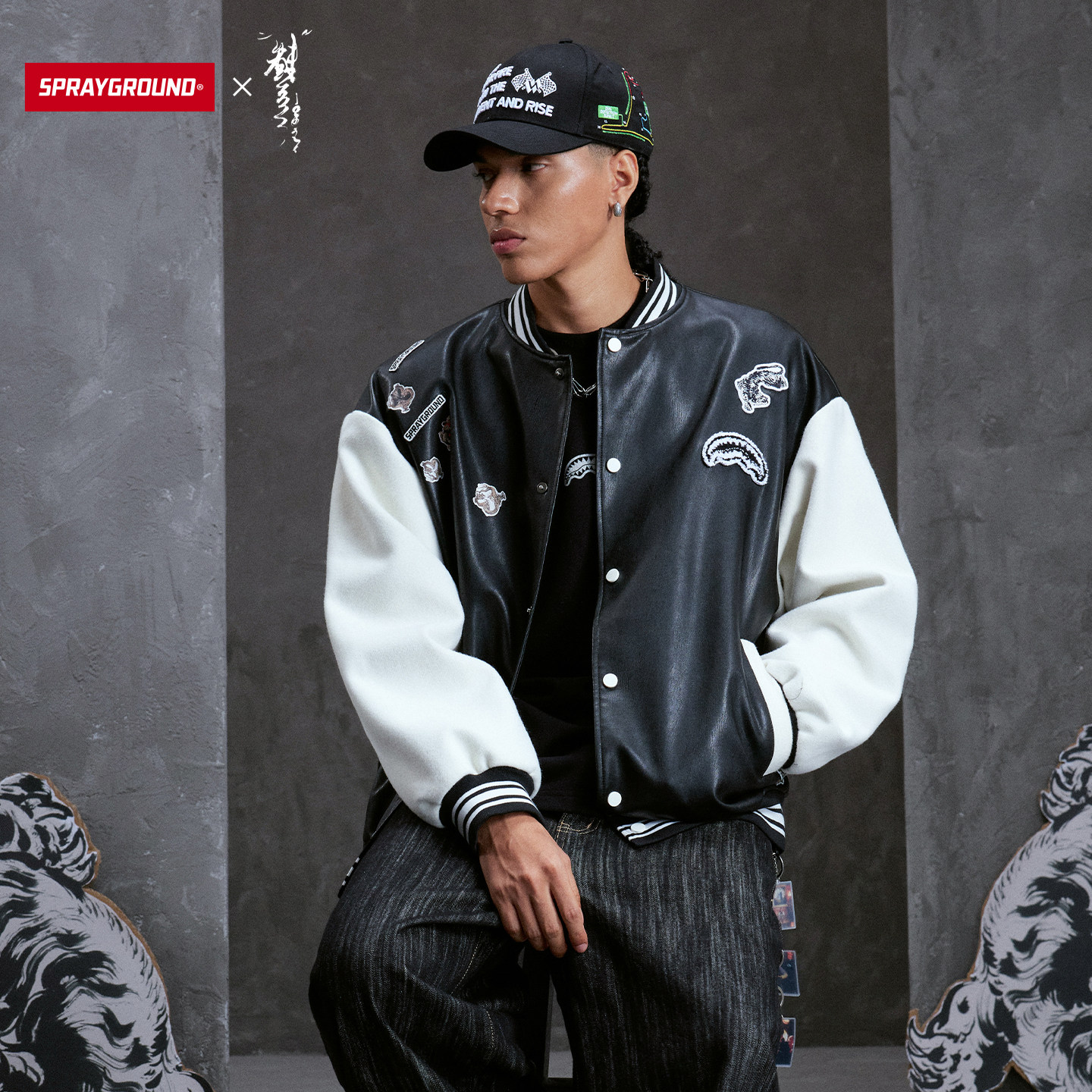 SprayGround鲨鱼嘴X虫师联名棒球服夹克男春季美式贴标pu皮外套潮