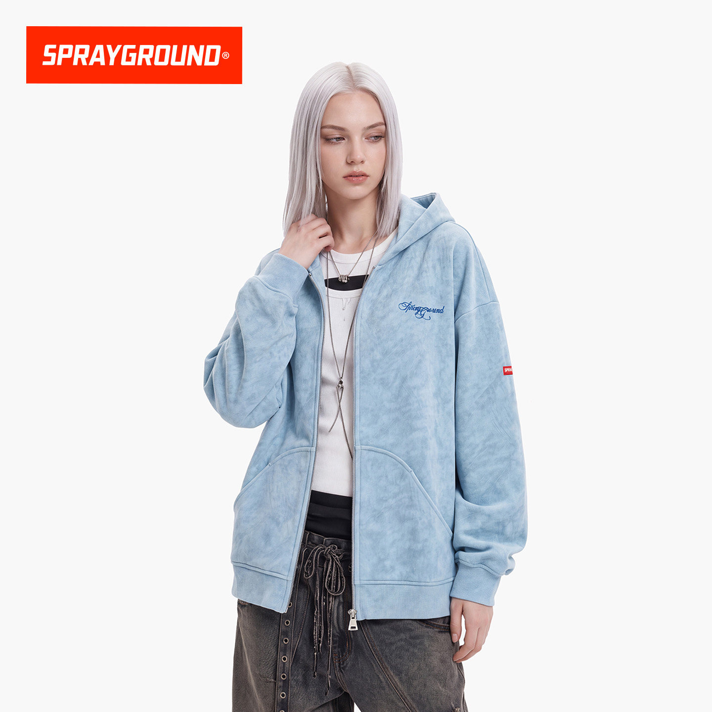 SprayGround鲨鱼嘴水洗质感连帽拉链开衫卫衣男女同款宽松外套潮