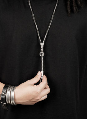 INSIDE OUT 暗黑先锋高端特制百搭多戴法哑光银圆柱形装饰拉链项