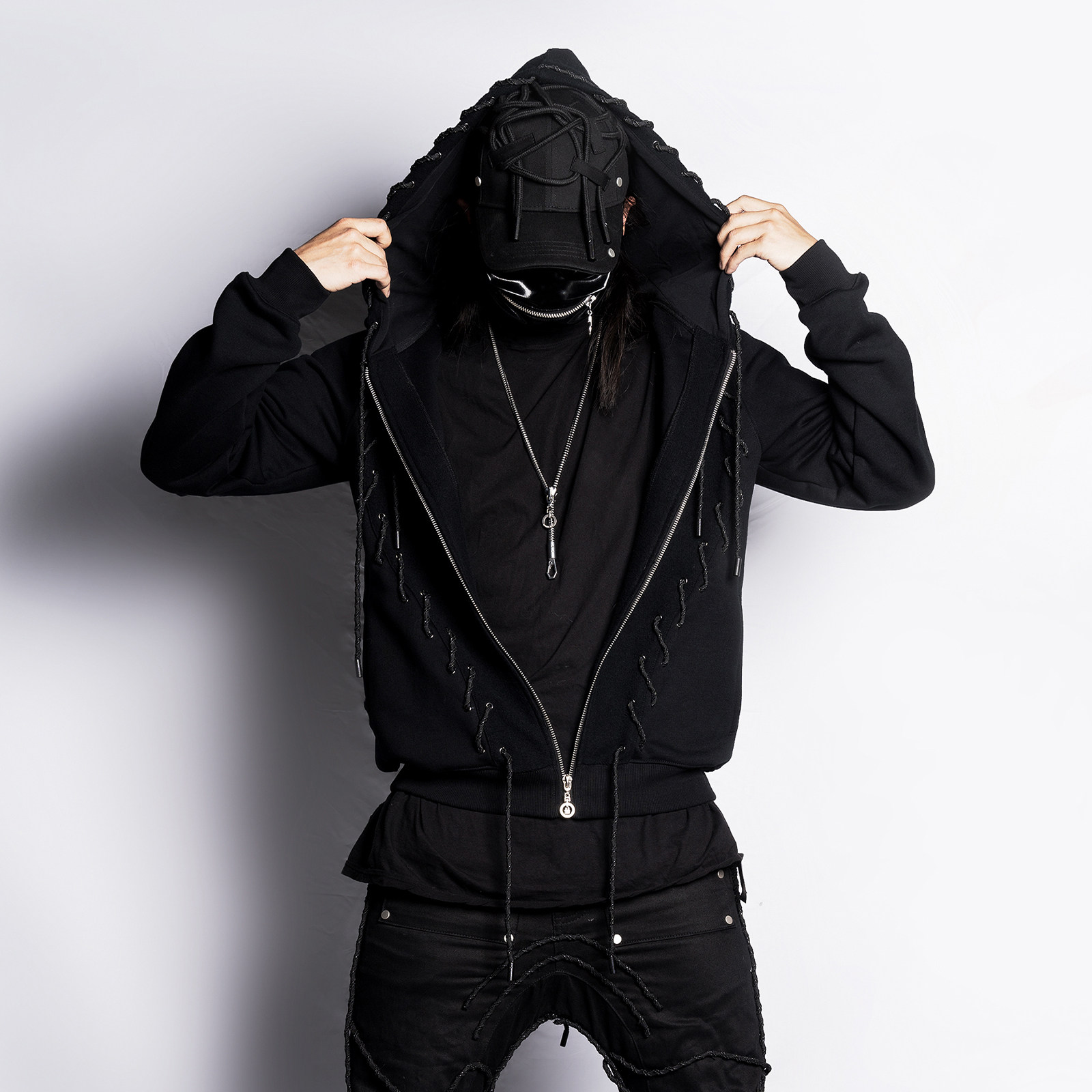 INSIDE OUT暗黑潮流先锋原创里布外翻拉链小众抽绳黑色连帽卫衣男