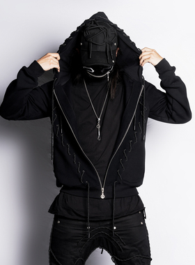 INSIDE OUT暗黑潮流先锋原创里布外翻拉链小众抽绳黑色连帽卫衣男