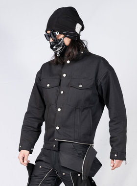 INSIDE OUT 原创小众暗黑潮流拉链修身纯色先锋机车牛仔夹克男