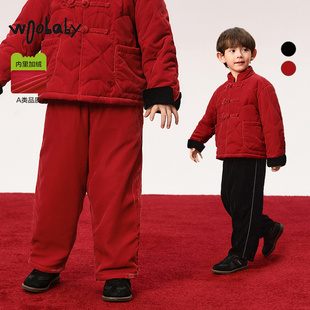 丝绒系列|woobaby儿童加绒裤子男童女童2025春季保暖直筒复古长裤