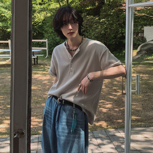体恤韩系通勤老钱风穿搭潮 宽松休闲半袖 MYQ亨利领短袖 T恤男夏季