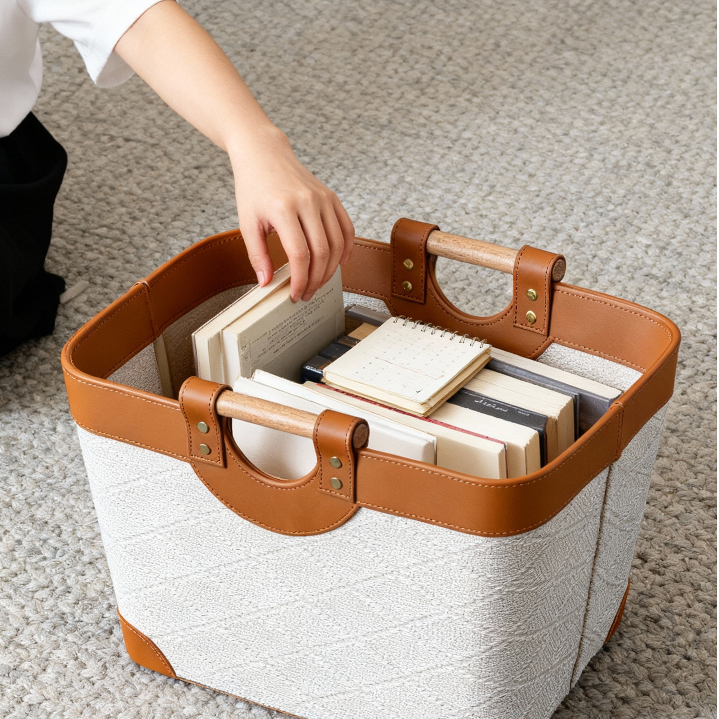 古董白珍珠浮雕实木把手收纳篮