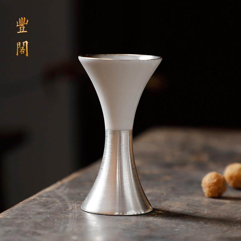 鎏银酒杯双头羊脂玉陶瓷白酒杯彷古黄烈酒杯高白瓷10ml小酒盅家用