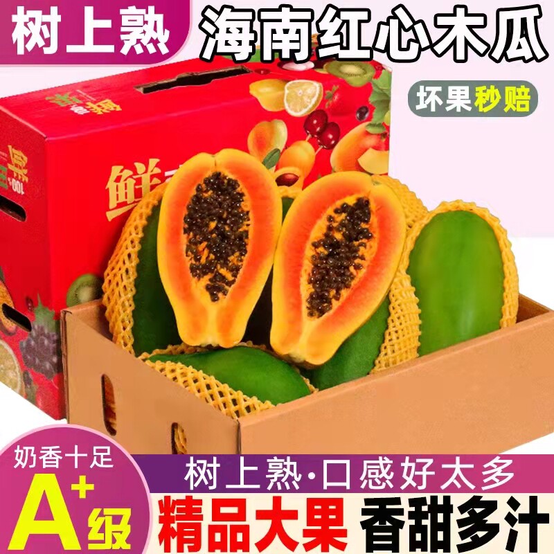 海南火山村老品种树上熟红心牛奶木瓜新鲜水果净果包邮