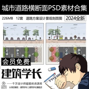 城市道路横断面PSD素材合集城市道路方案设计景观剖面图立面图
