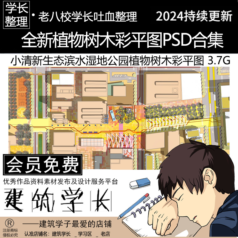全新植物树木彩色平面图PSD合集 竞赛风小清新生态滨水湿地公园