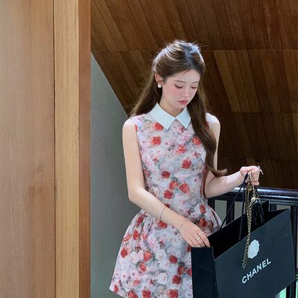 杨小卷 油画少女连衣裙千金风衬衫领无袖掐腰裙生日小礼裙公主裙
