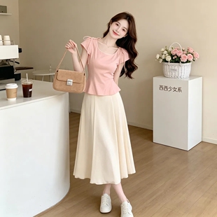 独特漂亮绝美小套装女夏季新款气质修身系带短袖上衣高腰半身裙子